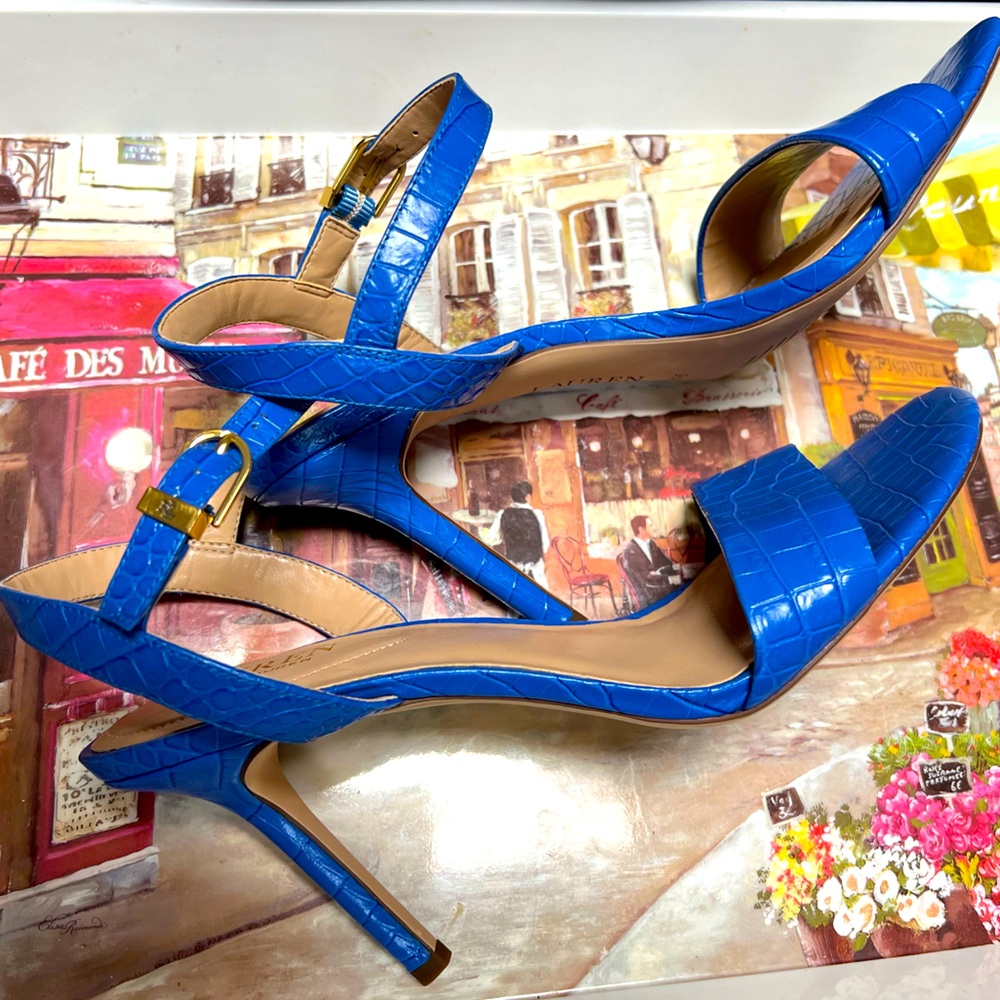 NEW Lauren Ralph Lauren blue crocodile strappy sandals